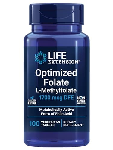 Life Extension Optimized Folate – L-methylfolate – Heart & Brain Support, Healthy Homocysteine Levels – Non-GMO, Gluten-Free, Vegetarian – 1700 mcg DFE, 100 Vegetarian Tablets