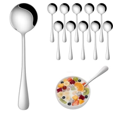 Metal Round Soup Spoons Set Of 12, 7.4 Inch Stainless Steel Silverware Spoon For Soup,Dishwasher Safe Spoons Sets For Restaurant