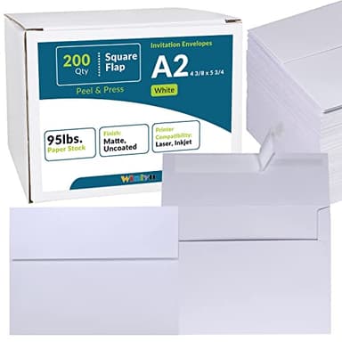 200 Pcs Bulk A2 Invitation Envelopes in White Peel & Press Self Seal 4 3/8 x 5 3/4 Square Flap Envelopes RSVP Return Envelopes 95lb. for Announcement Mailing 4x5 Greeting Cards Photo 1/4 Fold Cards