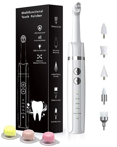 Tooth Polisher, Rechargeable Tooth Whitening Kit for Teeth Cleaning and Whitening, with 3 Tooth Polish Paste and 5 Brush Heads, LED Light, Easy to Use at-Home Personal Dental Care Kit