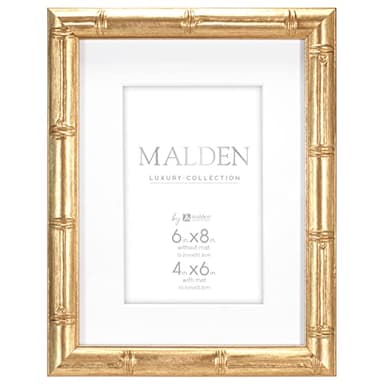 Malden International Designs 4x6 Matted Gold Bamboo PS Moulding Picture Frame Antique Gold Finish White Matboard