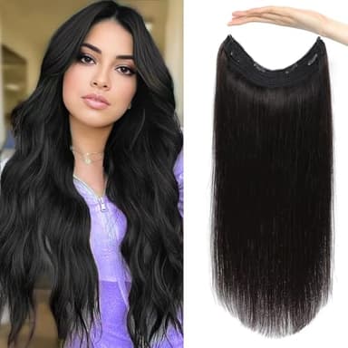 Doupor Halo Hair Extensions Real Human Hair 14inch/80g Invisible Wire Hair Extensions Real Human Hair Natural Black Hair Halo Extensions for Women Adjustable Wire Secret With Clips in Human Hair