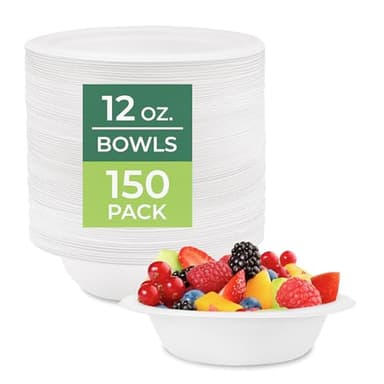 Freshware Paper Bowls - Disposable 12 oz. Soup Bowl, 150-Pack Biodegradable Sugarcane Fiber Serving Bowls - Heavy Duty Bagasse for Hot Food Plates - Microwave & Freezer Safe, Stackable Dinnerware
