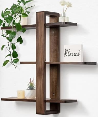 SUMGAR Floating Shelves for Wall Walnut Mounted Shelf Unit for Living Room Bedroom Bathroom Mid Century Modern Decorative Storage Plant Photo Display Home Decor 3 Tier Large 20in All Pine