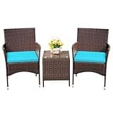 Devoko Patio Porch Furniture Sets 3 Pieces PE Rattan Wicker Chairs with Table Outdoor Garden Furniture Sets (Brown/Blue)