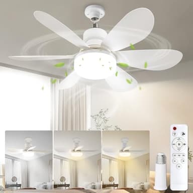 VTYXCTIGJ Socket Fan Light with Remote, Portable Small Ceiling Fans with Lights Bulb for Bedroom, Kitchen, Living Room, 20" Screw in Ceiling Fan in Light Socket for E26 Base 40W/3000K-6000K Dimmable