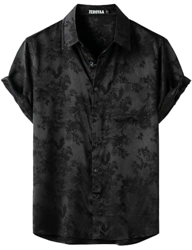 ZEROYAA Men's Shiny Luxury Silk Satin Floral Jacquard Short Sleeve Button Down Shirt for Party Prom ZZCL78-Black Large