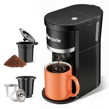 Horavie Small Single Serve Coffee Maker, Fast Brew One Cup Coffee Machine for K Cup and Grounds, 6 to 12 oz. Brew Sizes, Pod Coffee Maker with Descaling Reminder and Viewing Tank, Black