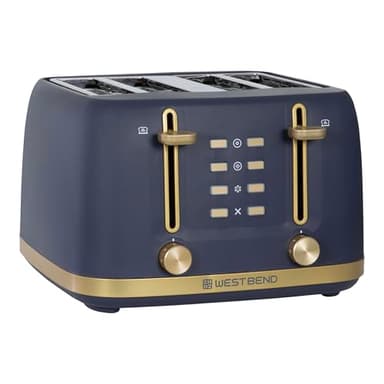 West Bend Timeless 4-Slice Toaster with 7 Browning Levels, Bagel/Waffle/Defrost Settings, High-Lift Lever, Anti-Jam, Easy-Clean Crumb Tray, 4-Slice, Blue/Gold