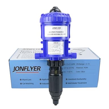 JONFLYER GEN Ⅱ 1-10% Fertilizer Injector Adjustable Chemical Liquid Dosing Pump,13.21 GPM,POM Housing,Water Powered Liquid Dispenser for Drip Irrigation Garden Greenhouse Livestock Water Well