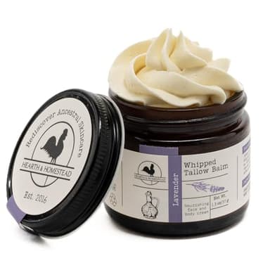 Hearth and Homestead: Handmade Whipped Tallow Balm, Organic, Moisturizer, Body Butter with Infused Olive Oil, for Eczema, Rosacea, Baby (Lavender)