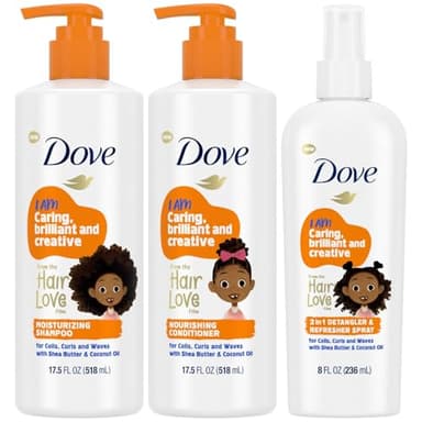 Dove Kids Shampoo & Conditioner Set with Shea Butter & Coconut Oil + 2-in-1 Detangler Spray, “Hair Love” Wavy, Coily, Curly Hair Products for Kids