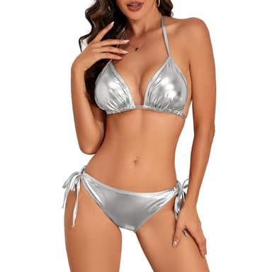 Silver Bikini Womens String Triangle Bathing Suit Two Piece Swimsuit Tie Side Bottom Padded Top Silver 4-6