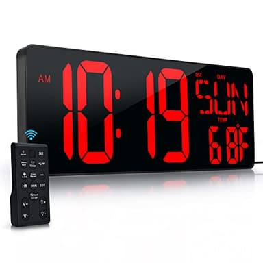 Large Digital Wall Clock with Remote Control 17.2" LED Large Display Timer with Temperature Date Week Auto DST Adjustable Brightness, Big Wall Alarm Clock for Living Room Office Garage Gym Seniors