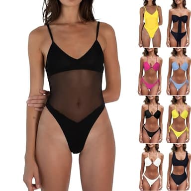 Generic Teddy Mesh Tan Through Swimsuit for Women Tummy Control, Medium, A-black