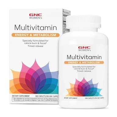 GNC Women’s Energy and Metabolism Multivitamin Caplets, Clinically Proven, Calorie Burn, Focus, 100mg Caffeine, Active Nutrition, Immune, Bone, Beauty, Iron, Biotin, Timed Release, 180 ct, 90 svgs
