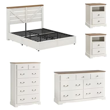 AMERLIFE 5 Piece Bedroom Set, Including Farmhouse Queen Size Bed Frame with 4 Drawers, 7 Drawer Dresser & 6 Chest of Drawers, 2 Nightstands with Charging Station for Bedroom, White