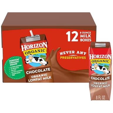 Horizon Organic Shelf Stable 1% Lowfat Chocolate Milk Boxes, 8 fl oz, 12 Count - 8g Protein per Serving, USDA Organic UHT from Pasture-Raised Cows, Ready to Drink for Lunchbox, Travel, or On-the-Go, No Refrigeration Needed