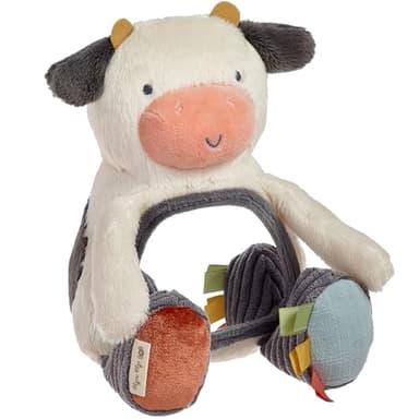 Itzy Ritzy Sensory Tummy Time Toy Mirror - Features Crinkle & Jingle Sounds, Multiple Textures and Mirror for Self-Discovery, Infant Toy for Ages 0 Months and Up, Cow