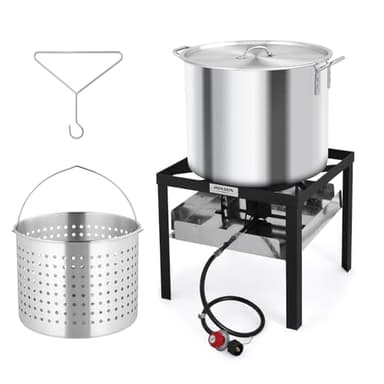 ROVSUN 80QT Turkey Fryer with Aluminum Boiler Steamer Basket & 150,000BTU Propane Burner, Outdoor Gas Deep Fryer & Seafood Crawfish Boil Pot Set with High Pressure Propane Regulator and Hose