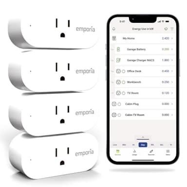 Emporia Energy Monitoring Smart Plug, WiFi Smart Outlet Plug Works with Alexa and Google Home - 15a WiFi Outlet with Timer, Mobile App, Home Energy Monitor, Scheduling - 2.4ghz WiFi Only (4 Pack)