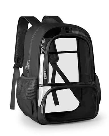 KIMNERPU Clear Backpack, Fabric & PVC Transparent Backpack with Reinforced Strap for Women Men, Heavy Duty Transparent Bookbag, Large Capacity Clear Bag, Travel, Security, Black