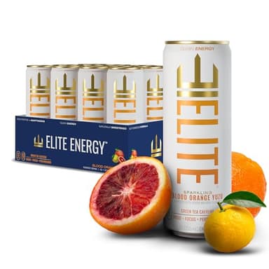ELITE Energy – Healthy Energy Drinks – Clean Green Tea Caffeine with L-Theanine – Zero Sugar, 10 Calories, Naturally Sweetened Functional Energy for Focus & Performance – 12 Pack – Blood Orange Yuzu