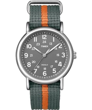 Timex Unisex Weekender 38mm Watch – Silver-Tone Case Gray Dial with Gray & Orange Fabric Slip-Thru Strap