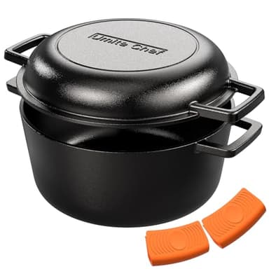Cast Iron Dutch Oven Pot with Skillet Lid – Pre-Seasoned – Skillet Lid Cooking Pan– PFAS-Free –Umite Chef Cast Iron Skillet Cookware for Bread, Frying, Baking – Dual Handles – Oven, Grill, Campfire & Stovetop Safe – Durable & Non-Toxic, 5QT