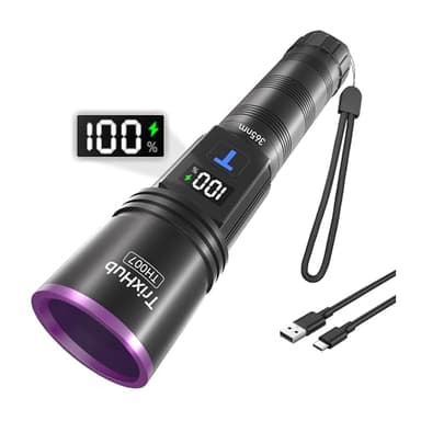 TrixHub 365nm Black Light Flashlight, UV Flashlight Rechargeable with LCD Display, Powerful Ultraviolet Lights for Pet Urine Detection, Resin Curing, Rockhounding, Scorpion, Uranium Glass, A/CLeak