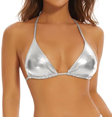 Gatielzana Metallic Crop Top Shiny Triangle Bralette Rave Bra Swimsuit Top, Silver, S