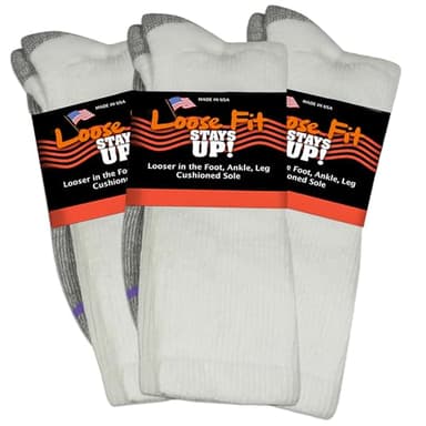 Loose Fit Stays Up Men's and Women's Casual Crew Socks (Pack of 3) Made in USA Cushioned Sole (Large, White)