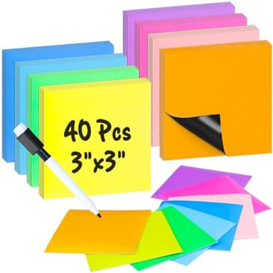 MAXECHO 40 Pcs 3" x 3" Reusable Magnetic Sticky Notes Dry Erase Magnet Sheets Set, Easy to Post Labels with Marker for Whiteboard, Multicolor Stickers for White Board, Fridge, Locker