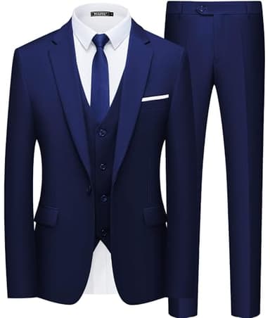 WULFUL Men’s Slim Fit Suit One Button 3-Piece Blazer Dress Business Wedding Party Jacket Vest & Pant Blue