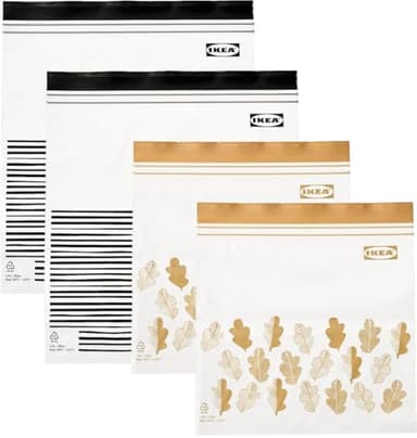 Ikea ISTAD Medium Reusable Food Bags with Double Seal, 1.2 & 2.5 Litres, Black Striped/Yellow Leaf - Set of 100 Bags