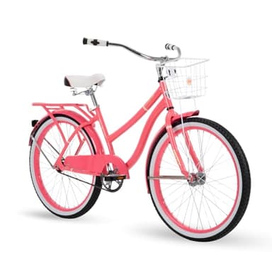 Huffy Woodhaven 24" Cruiser Bike, Gloss Coral Frame, Dual-Density Padded Seat, Chainguard Cover, Rear Rack, Front Basket, Easy Height Adjustment