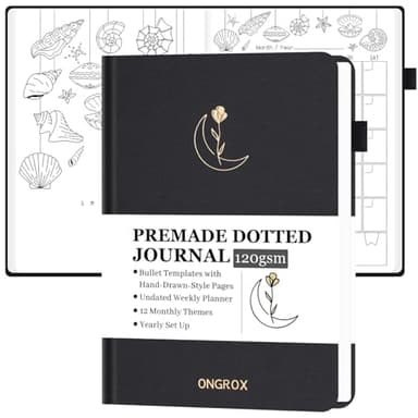 ONGROX Premade Bullet Style Notebook with Hand-Drawn Pages, Dotted Journal with Unique Pre-Made Bullet Templates, Undated Planner with Weekly Spreads & Monthly Themes, 12 Months, A5 Linen Hardcover