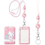 Kawaii Cartoon Anime ID Badge Holder with Beaded Lanyard, Cute Kitty Name Tag ID Card Case Retractable Reel with Breakaway Strap Clip Clasp Back to School Supplies for Kids Girl Student Teacher Nurse