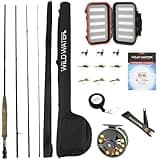Wild Water Standard Fly Fishing Combo Starter Kit, 5 or 6 Weight 9 Foot Fly Rod, 4-Piece Graphite Rod with Cork Handle, Accessories, Die Cast Aluminum Reel, Carrying Case, Fly Box Case & Fishing Flies