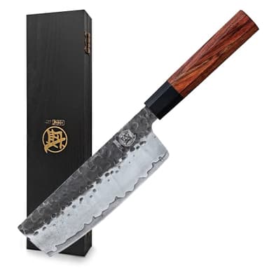 MITSUMOTO SAKARI Nakiri Chef Knife 7 inch - Hand Forged Japanese Kitchen Knives, 3-Layer 9CR18MOV High Carbon Steel, Rosewood Handle & Sandalwood Box