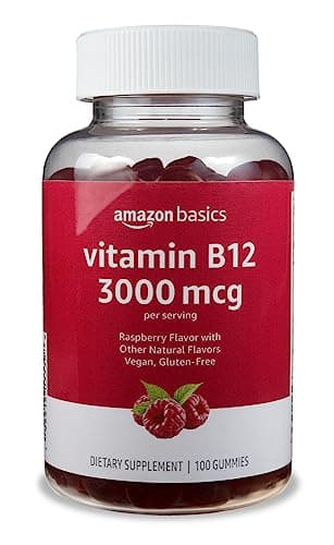 Amazon Basics Vitamin B12 3000 mcg Gummies, Normal Energy Production and Metabolism, Immune System Support, Raspberry, 100 Count (2 per Serving) (Previously Solimo)