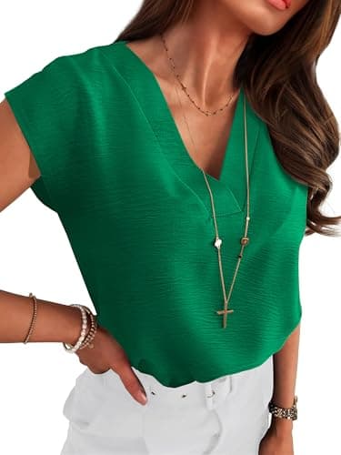 ANRABESS Women Tops Cap Sleeve Dressy Casual V Neck Shirts 2026 Summer Business Work Blouses Outfits Trendy Spring Clothing Green Medium