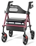 HOMLAND Foldable Rollator Walkers with Seat for Seniors, 8'' Big Wheels, 350 lb. Weight Capacity, Adjustable Handles and Seat Height, Lightweight Rolling Walker, Red