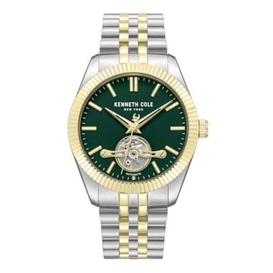 Kenneth Cole New York Men’s Automatic Watch – 43mm Case, Dark Green Dial, Gold-Plated Coin-Edged Top Ring, Two-Tone Stainless Steel Bracelet, Viewing Window at 6 O’Clock