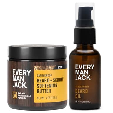 Every Man Jack Beard Oil & Scruff Softening Butter Bundle - Sandalwood Fragrance - Rejuvenates, Hydrates & Styles Dry Beards - Naturally Derived with Cocoa Butter and Shea Butter