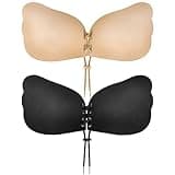 Cmojsk Sticky Bra, Backless Strapless Bra Push Up, Adhesive Invisible Lift Up Bras 2 Pairs Black/Beige