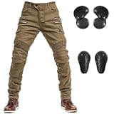 LOMENG Motorcycle Riding Pants Motorbike Motocross Cycling Jeans Safety CE Knee Hip Removable Armored All Seasons for Men Khaki 32