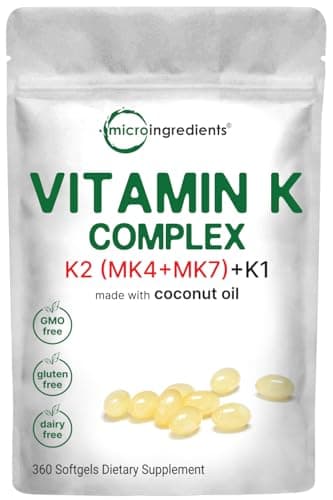 Super Vitamin K Complex (K2 MK7 + MK4 & K1), 360 Coconut Oil Softgles | Easily Absorbed K Vitamins, Active Menaquinone Complex | Non-GMO