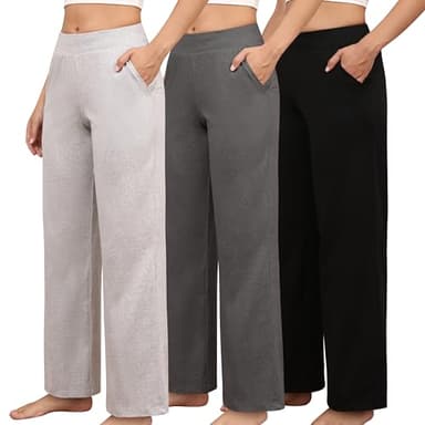 PNAEONG 3 Pack Women's Petite Sweatpants, Casual Wide Leg Pants Loose Fit Lounge Pants with Pocket, Black+Dark Grey+Light Grey,M