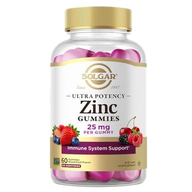 Solgar Zinc Gummies Adult Vitamin with 25mg Ultra Potency Zinc Citrate for Immune Support - Mixed Fruit Flavor, Vegan, Kosher & Gluten Free Gummy Supplements for Women & Men, 2g Sugar, 60 Servings